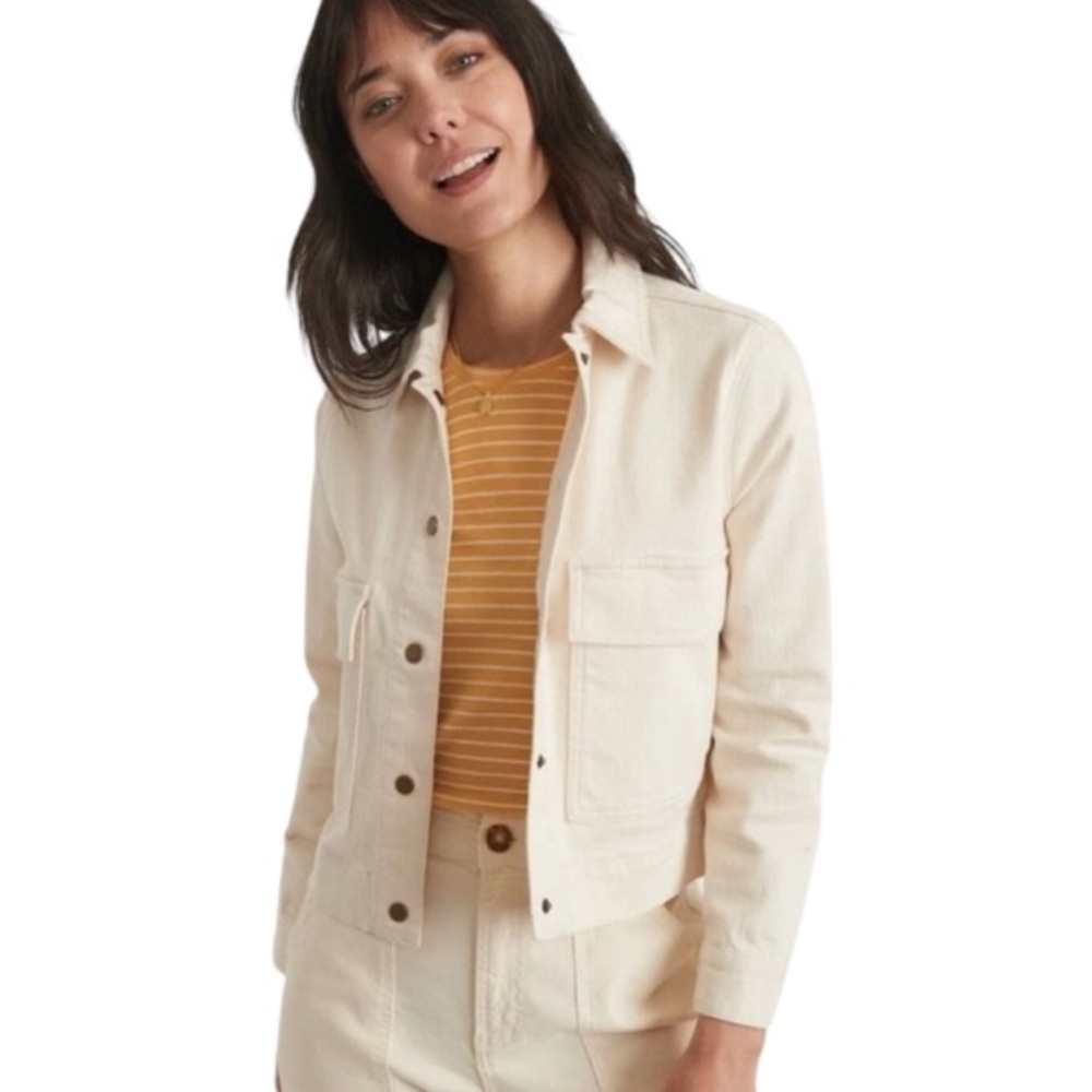 Marine Layer Ash Cropped Denim Snap Jacket in Natural Cream Size XL Pockets